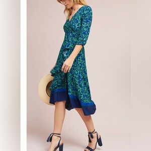 MAEVE ANTHROPOLOGIE Prunella Floral Ruched Wrap Dress‎ Blue Green Size 0